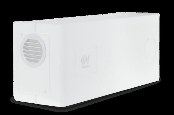 A white Vortice positive input ventilation (PIV) wall unit with a circular vent grille