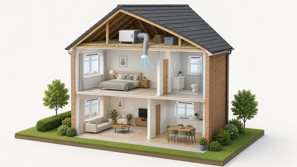 A cutaway house showing a PIV unit mounted in the loft space, drawing air from the loft through a filter, with a duct passing down through the ceiling to a round diffuser in the room below, and trickle vents visible in the windows of the rooms below.