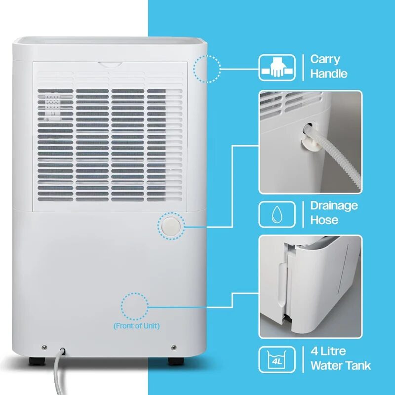 A white Prem-i-air compressor dehumidifier shown from the back with callouts highlighting its carry handle, drainage hose and 4 litre water tank