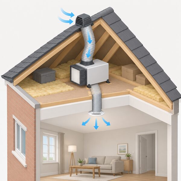 A small isometric loft scene showing a PIV fan unit mounted on the loft floor, with a flexible duct rising through the roof to draw fresh outside air, a filter on the intake, and a duct running down through the ceiling to distribute air into the rooms below.