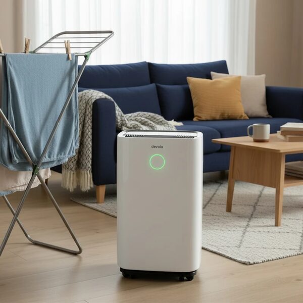 A white Devola dehumidifier standing in a living room next to a clothes airer and blue sofa