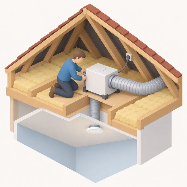 A small isometric figure in plain clothing kneels in a loft beside a PIV unit being fitted to the loft floor, with its duct positioned over the ceiling opening below and flexible ducting and a power connection being made, surrounded by pitched roof timbers and insulation.