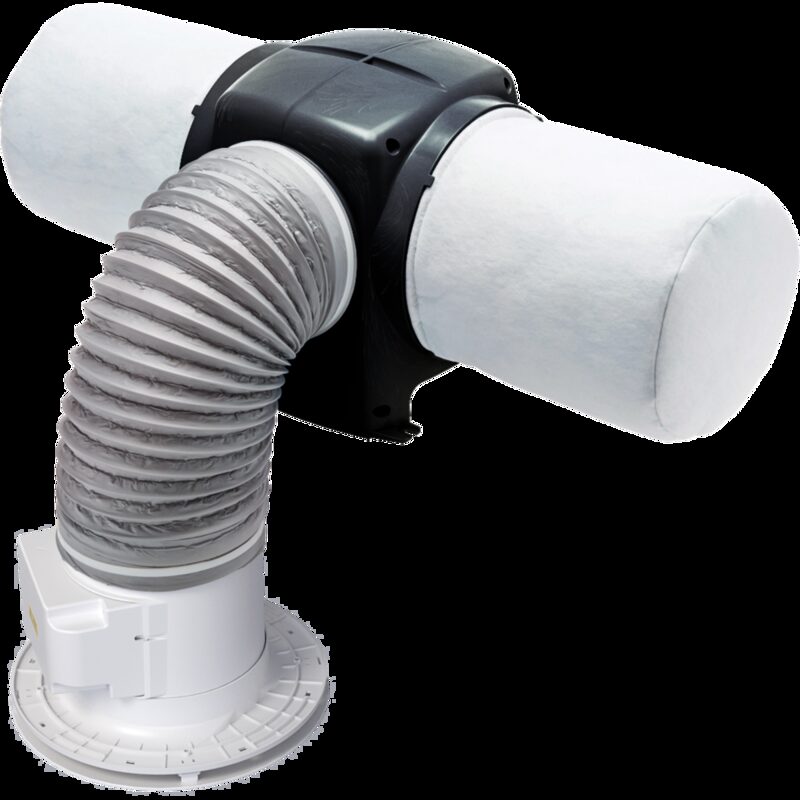 A Nuaire Drimaster-Eco Heat positive input ventilation (PIV) unit with insulated ducting and ceiling diffuser, shown on a white background