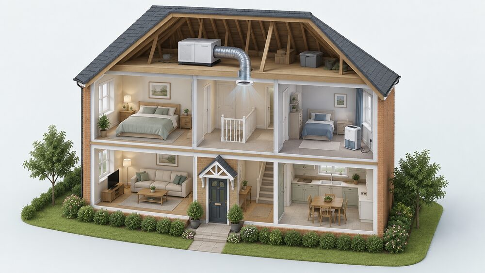 A cutaway house in daylight showing a PIV unit mounted in the loft with a duct leading down to a ceiling diffuser on the landing below, while a portable dehumidifier with a water tank stands plugged in on the floor of one bedroom.
