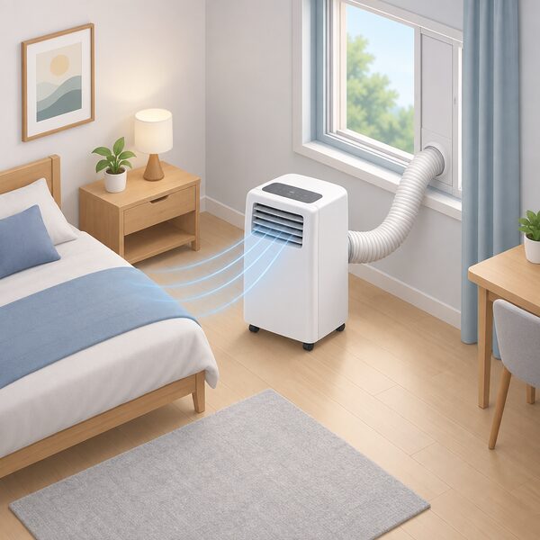 A single packaged portable air conditioner on castors stands in a small simply furnished bedroom, its flexible exhaust hose running to a window sealing kit, with cool air suggested by plain flowing lines across the modest floor area.