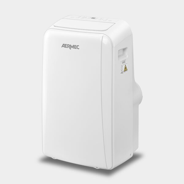 A white Aermec portable air conditioner unit photographed on a plain background