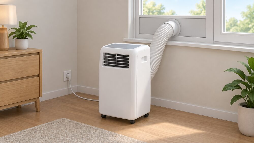 A wheeled portable air conditioner cabinet on the floor of a room, its exhaust hose running up to a special window fitting that seals the hose into the closed window opening, with a wall socket nearby.