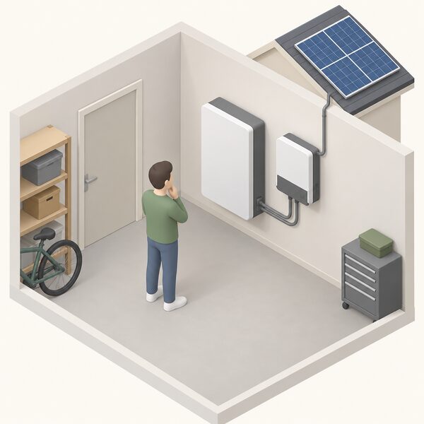 A wall-mounted battery unit installed indoors on a garage or utility room wall beside the inverter of the rooftop solar PV system, with a small isometric householder figure looking at it, showing the addition that would need the lease owner's consent.