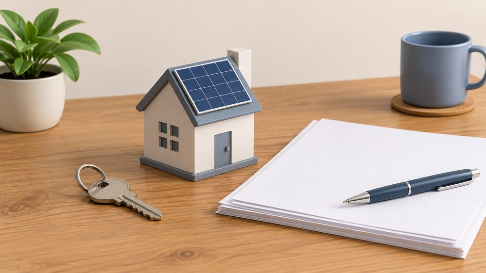 A small model of a rooftop solar panel rests on a house-shaped paperweight beside a stack of blank conveyancing paperwork, a house key and a pen on a wooden table, suggesting a house sale held up by a panel lease.