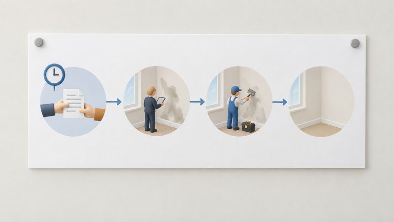 A printed timeline sheet pinned to a wall, drawn as a horizontal line with four plain stages shown as simple icons: a document being handed over, a person inspecting a damp patch on an interior wall, a repairer treating the wall, and a resolved dry wall, with the clock icon placed at the first stage.