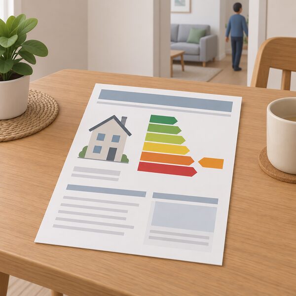 A printed Energy Performance Certificate sheet lying on a table in a rented home, shown as a physical document with a plain colour band indicating a rating of E or above, with blank lines and simple blocks standing in for all text and figures.