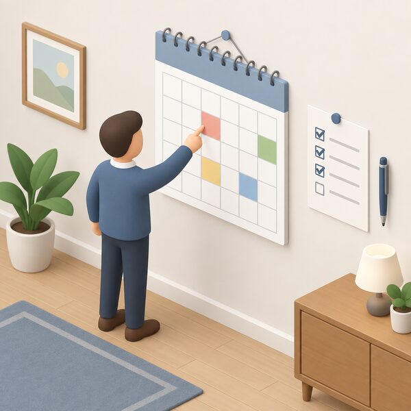 A wall calendar hanging on a plain interior wall with several date squares marked by simple coloured highlight blocks of different shades, a small simplified isometric landlord figure standing beside it pointing at one marked square, with a pen and a checklist sheet pinned nearby.