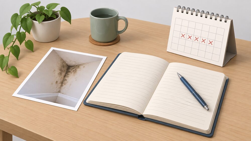 A small arrangement on a table showing the moment a damp complaint is prepared: a camera photograph of a damp-stained wall corner lying beside a handwritten log book and a pen, with a wall calendar nearby marking the waiting period.