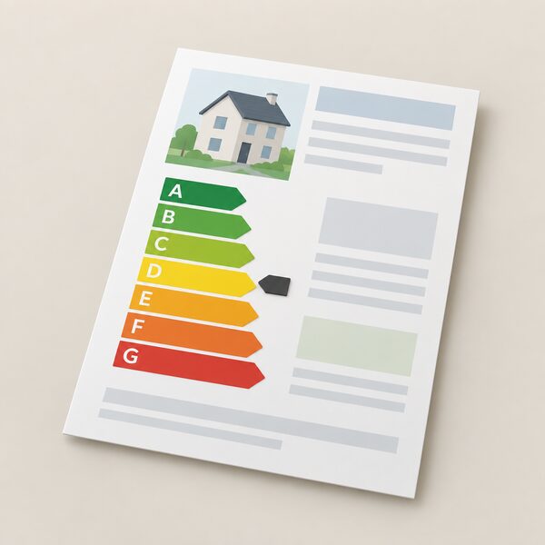 A domestic energy certificate lying on a table, drawn as a physical document with a vertical A to G colour-banded rating scale and a numerical score shown only as a plain marker on the band, with no readable words or numbers.