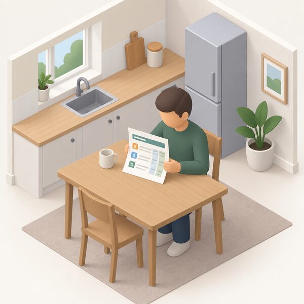 A tenant seated at a kitchen table reading a printed recommendations report, shown as a physical document with plain colour bands and blank lines standing in for listed measures such as loft insulation, glazing and a hot water cylinder, with blank cost and savings columns.