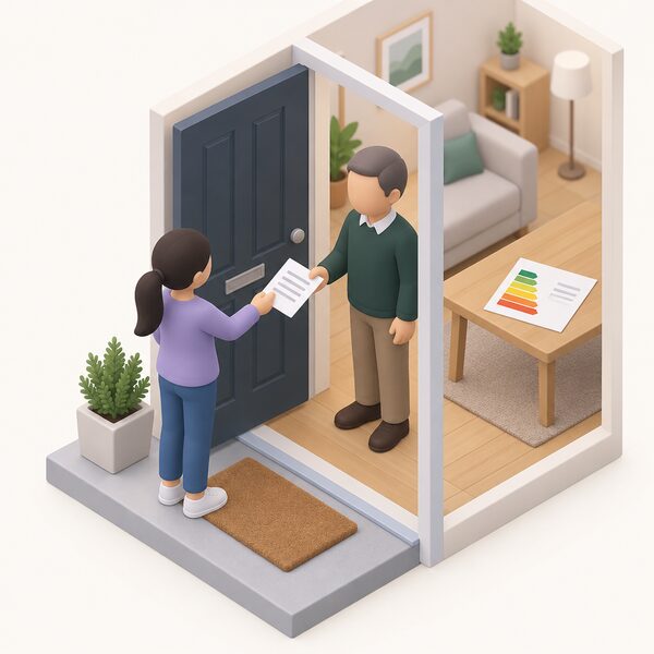 A simplified isometric tenant in plain clothing stands at a doorway handing a folded written request sheet to a landlord figure, with an EPC-style certificate sheet lying on a table inside the home behind them.