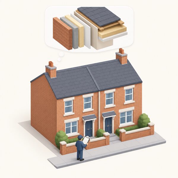 A simplified isometric assessor with a clipboard stands outside a terraced house, inspecting its visible features while a thought-style cutaway above the roof shows the unseen construction details being filled in as plain assumption blocks tied to the house's age band.