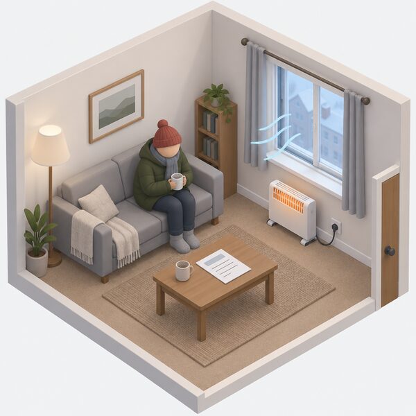 A draughty rented living room where a tenant in a coat sits near a single plug-in heater under a cold window, while on the table lies a printed exemption registration sheet shown with blank lines only, indicating the property still lets legally despite poor energy performance.