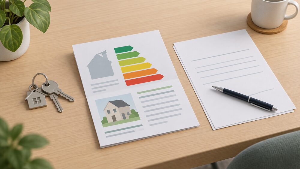 A folded Energy Performance Certificate document lying on a table beside a set of house keys and a blank tenancy agreement, with a pen resting on the paperwork, arranged as the moment a prospective tenant reviews a home's certificate before signing.