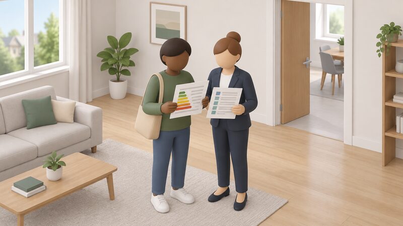 During a property viewing, a simplified tenant figure and a letting agent figure stand together indoors holding and looking at an energy performance certificate sheet and its attached recommendations report, both shown with blank lines and plain colour bands instead of readable content.
