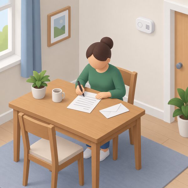 A tenant at a table in a rented home writing a report of a repair problem on a sheet of paper, with a carbon monoxide alarm visible on the wall nearby, ready to send the written record to the landlord straight away.
