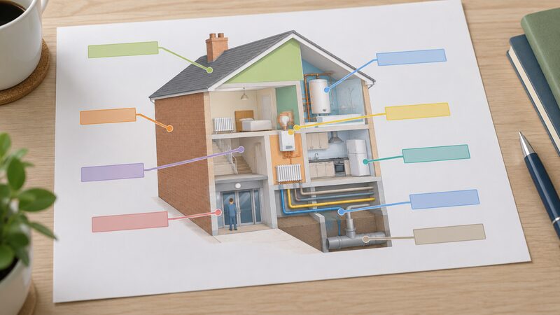 A printed diagram sheet lying on a table showing a simplified cutaway house with plain colour blocks marking its structure and exterior, water and gas supplies, drainage, heating and hot water, common parts, kitchen, fixed heating system and secure common doors, each linked by leader lines to blank label lines.