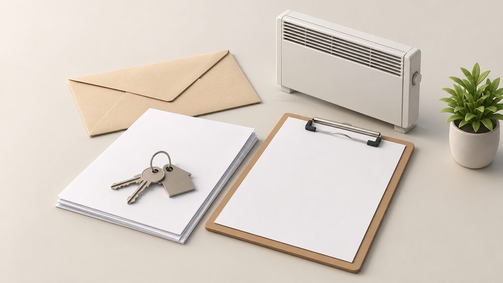 A small tabletop arrangement showing a bunch of keys resting on blank official-looking paperwork beside a clipboard with a blank form, a sealed envelope, and a small model of a wall-mounted fixed heater, all lit by plain daylight.