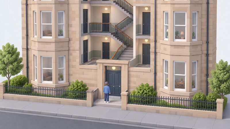 A tenement close seen from the street, with a simplified isometric figure standing before a solid, well-fitted common door at the entry to the stair, showing the shared entrance and access parts of the building that the Repairing Standard covers.