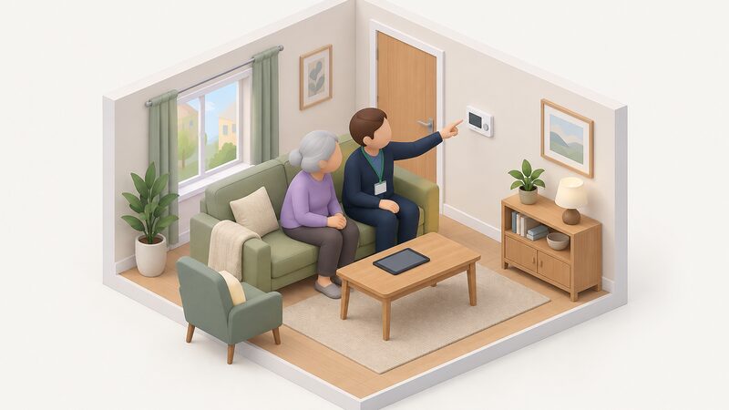 A simplified isometric energy adviser sits beside a resident on a sofa in a small sheltered flat living room, pointing at a wall-mounted heating control panel while a tablet rests on the coffee table between them.