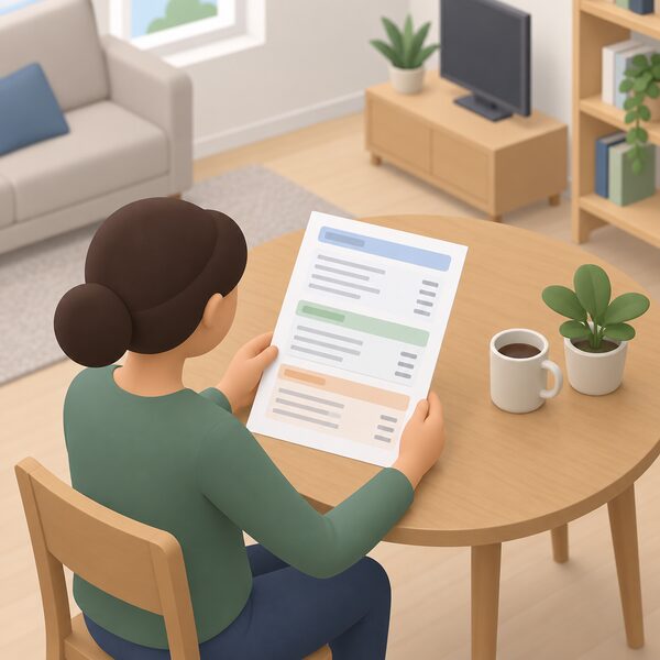 A heat network energy bill for a flat shown as a printed sheet lying on a table in the flat, with plain blocks and blank lines standing in for the charges, the calculation and the payment terms, and a simplified resident figure holding it.
