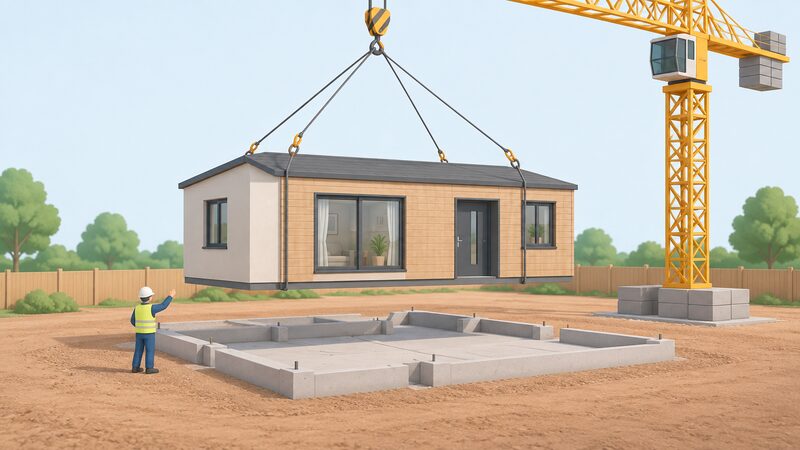 A factory-built modular retirement housing unit, complete with windows and a finished exterior, is lifted by crane on slings towards its prepared foundations on a building site, guided by a groundsworker below.