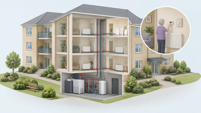 A cutaway view of a retirement housing block showing a communal plant room with shared heating plant connected by pipes to individual flats, one flat shown with its own room thermostat and heating controls that a resident can adjust.