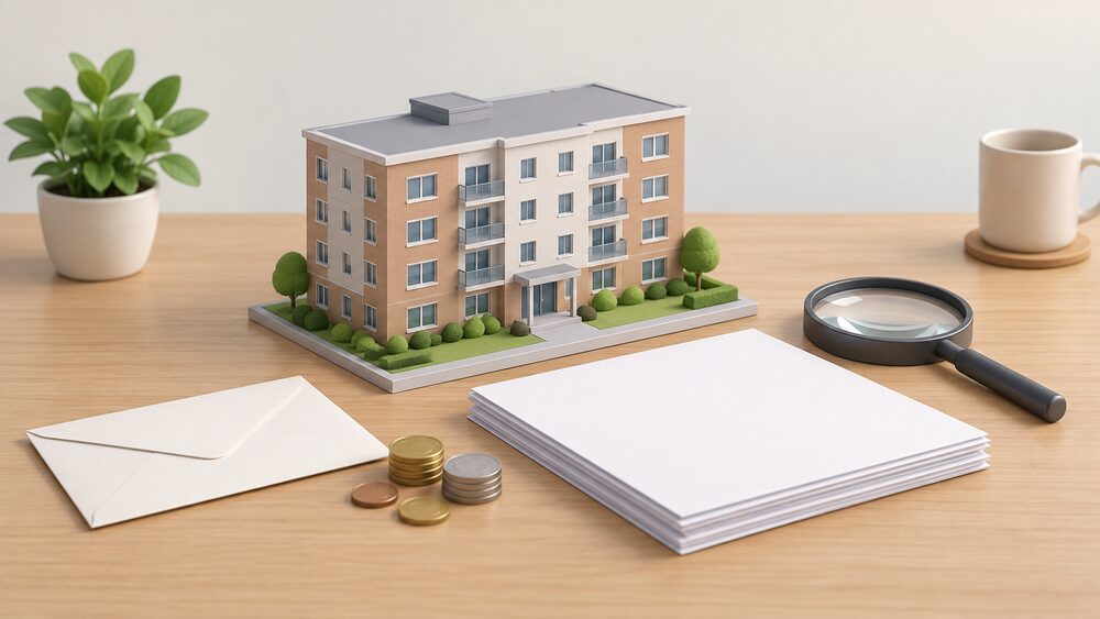 A small plain model of a block of retirement flats stands on a table beside a stack of blank paperwork, a sealed envelope, a few coins and a magnifying glass, suggesting a resident going through a bundled service charge bill.
