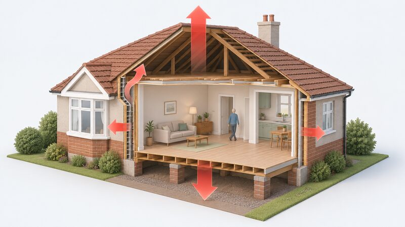 A cutaway isometric view of a single-storey 1930s bungalow with plain red heat arrows rising through the roof, escaping through solid walls and drifting down through a suspended timber floor, with one arrow climbing a wall cavity into the roof space at the wall–roof junction.