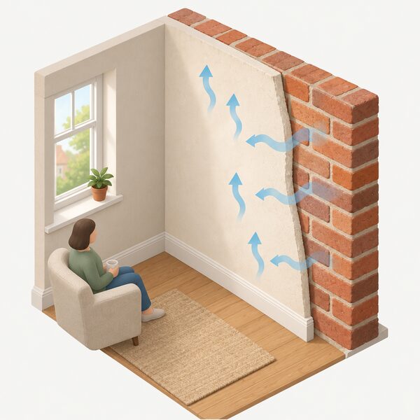 A cutaway interior corner of a 1930s bungalow room showing a solid brick wall finished with a smooth breathable lime plaster surface, with faint moisture arrows passing through the plaster and evaporating from the wall face.