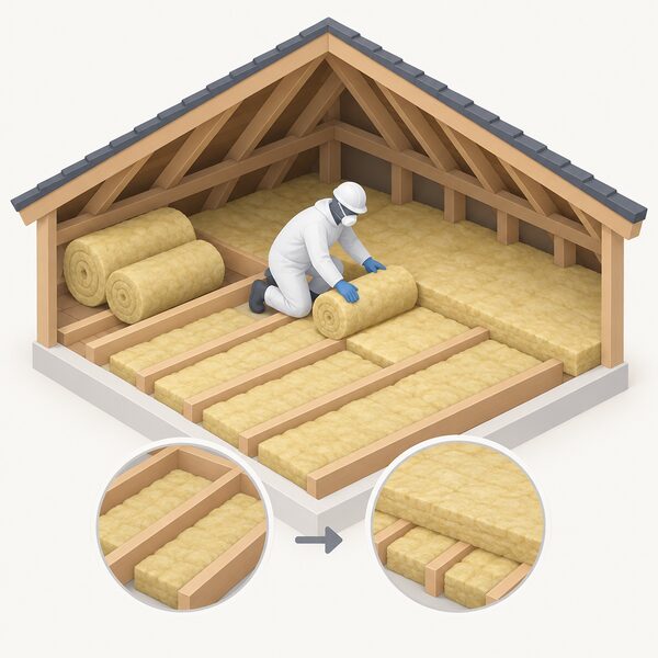 A simplified isometric figure in protective clothing and mask laying thick mineral wool rolls between the joists of a bungalow loft, with the first layer filling the gaps between joists and a second layer running across them to reach full depth.