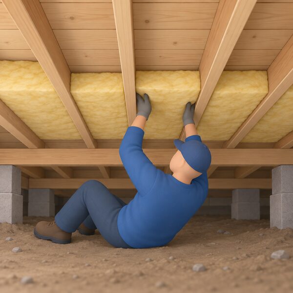 A simplified figure working in the crawl space beneath a suspended timber floor, fitting insulation snugly between the floor joists with the undersides of the floorboards above, so draughts through the timber floor are cut from below.