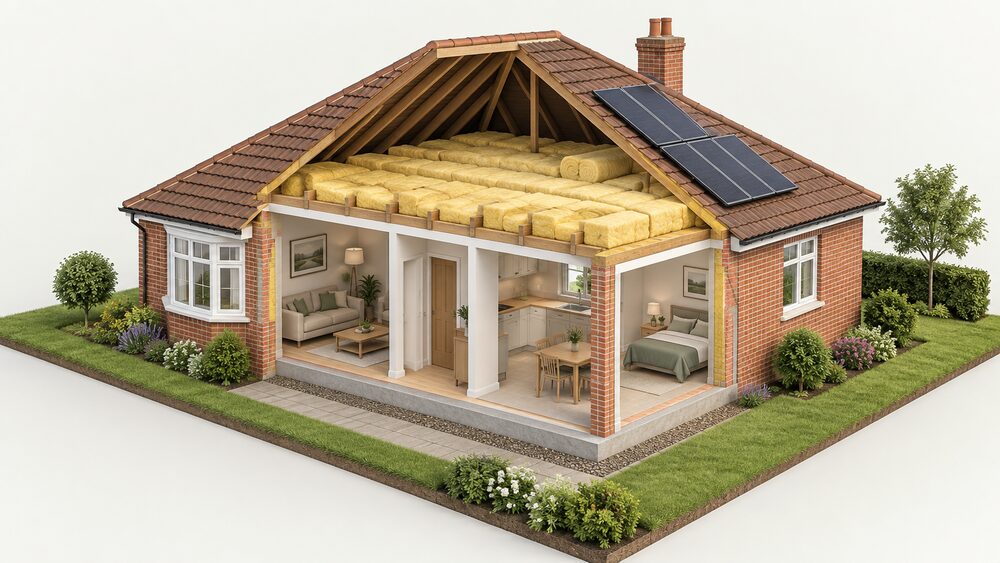 A cutaway of a single-storey 1930s brick bungalow showing thick loft insulation rolled between and over the ceiling joists in the large roof space, insulated solid walls, a solid ground floor, and solar panels on the pitched roof outside.