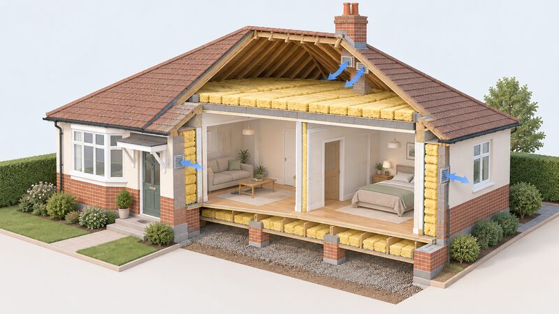 A cutaway view of a 1930s bungalow showing thick insulation laid across the loft floor, insulation beneath the raised ground floor, insulated walls, and ventilation openings or vents bringing fresh air into the airtight rooms.