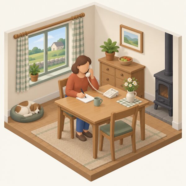 A householder in a rural home sitting at a table with a telephone handset to their ear, taking notes on paper, with a simple cottage-style interior suggesting an ordinary home rather than an installer's office.
