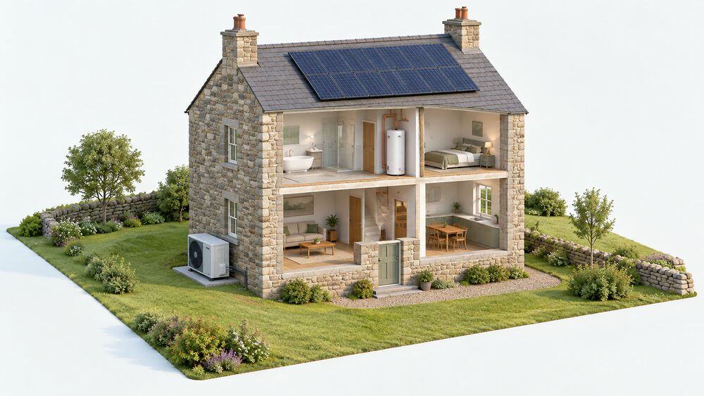 A detached rural stone house shown in cutaway with thick solid walls, an air source heat pump fan unit standing on the ground outside an elevation, solar panels on the roof, and a hot water cylinder indoors connected to the heating system.