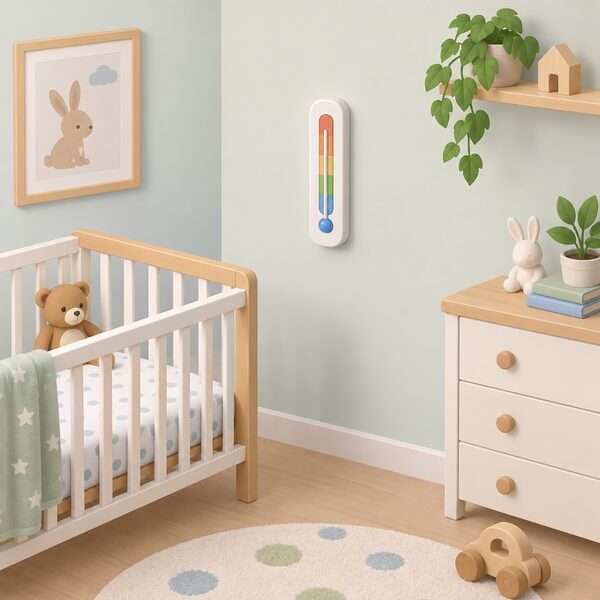 A simple wall-mounted room thermometer fixed at mid-height on the wall of a nursery, shown with a cot and plain nursery furniture nearby, its dial or scale marked only with plain colour bands indicating the safe band without any readable numbers.
