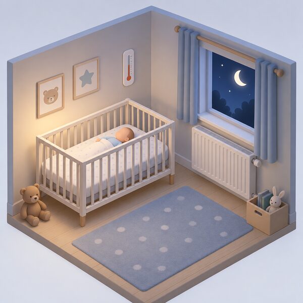 A simple nursery bedroom at night with a baby's cot holding light bedding, a small wall thermometer nearby, and a radiator under the window, showing the room kept at the recommended night time temperature.