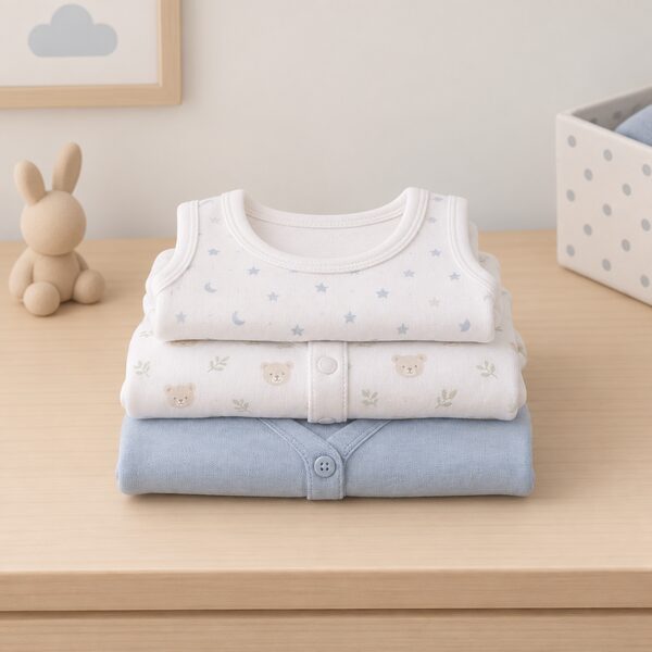 A small stack of neatly folded lightweight baby clothing layers, such as a thin vest, sleepsuit and light cardigan, arranged together on a nursery surface to show several light layers rather than one thick garment.