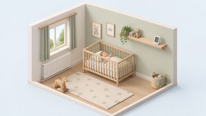 A nursery interior with a digital room thermometer standing on a shelf at cot-sleeping height, positioned on an internal wall well away from both a radiator and a window, with a cot nearby.