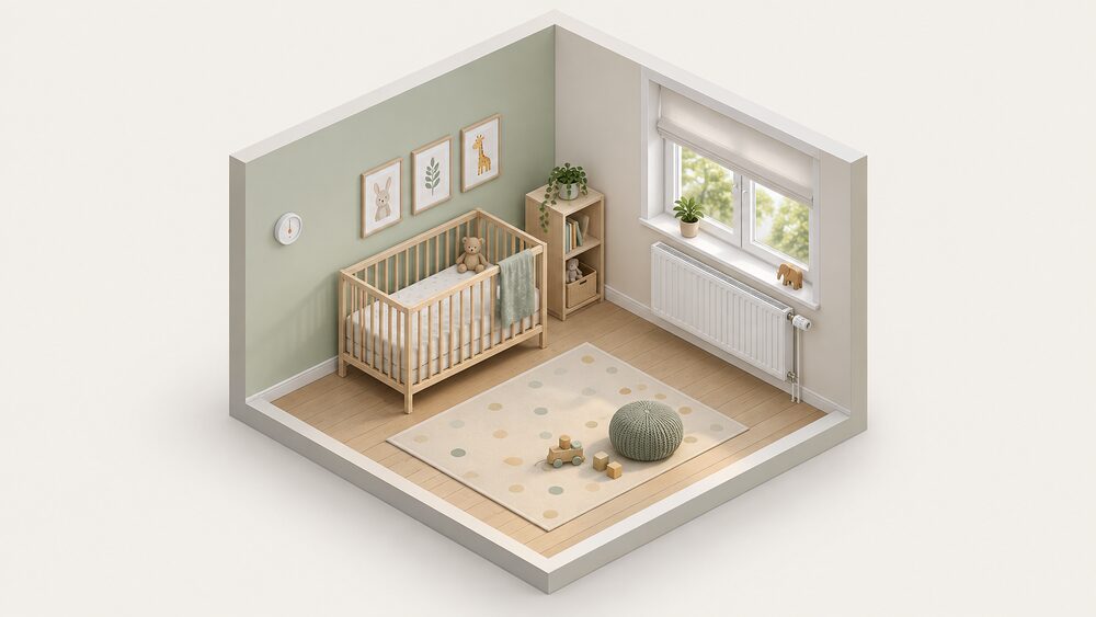 A nursery room with a cot against one wall, a small room thermometer mounted on the wall at cot-sleeping height away from the radiator and window, and a radiator with a thermostatic radiator valve beneath the window.