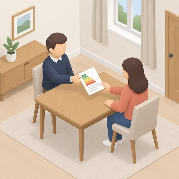 A simplified isometric seller handing a printed Energy Performance Certificate document, shown as a physical sheet with a plain colour rating band and blank lines, across a table to a prospective buyer in a home setting.