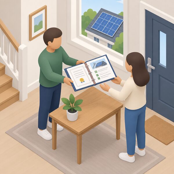 A seller and a buyer standing either side of a table in a home hallway, the seller passing over an open ring folder of solar handover paperwork with visible certificate sheets, maintenance instruction pages and a small roof-panel photo, a solar-equipped roof visible through a window behind them.