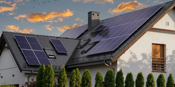 A house with solar panels installed across its tiled roofs at sunset