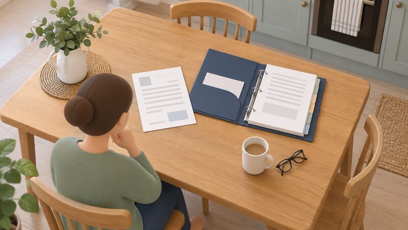 A kitchen table seen from above with an MCS certificate sheet and a thick installer handover folder lying open beside it, a plain mug and a pair of reading glasses nearby, suggesting a seller or buyer reviewing the documents at home.